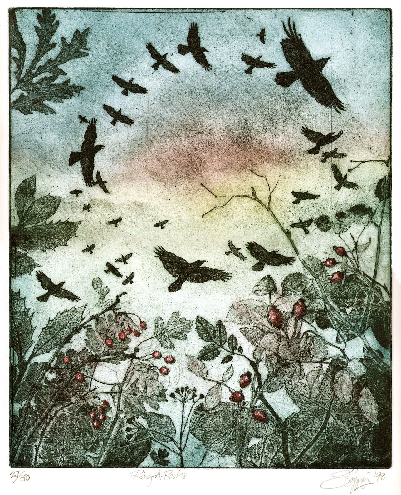 Rooks circling over the hedgerow - Soft Ground Etching - 7 different coloured inks.