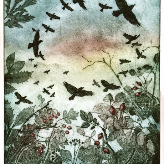 Rooks circling over the hedgerow - Soft Ground Etching - 7 different coloured inks.