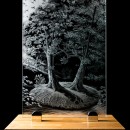 ENGRAVED GLASS WINDOW - on Love and Marriage - on oak display base 
